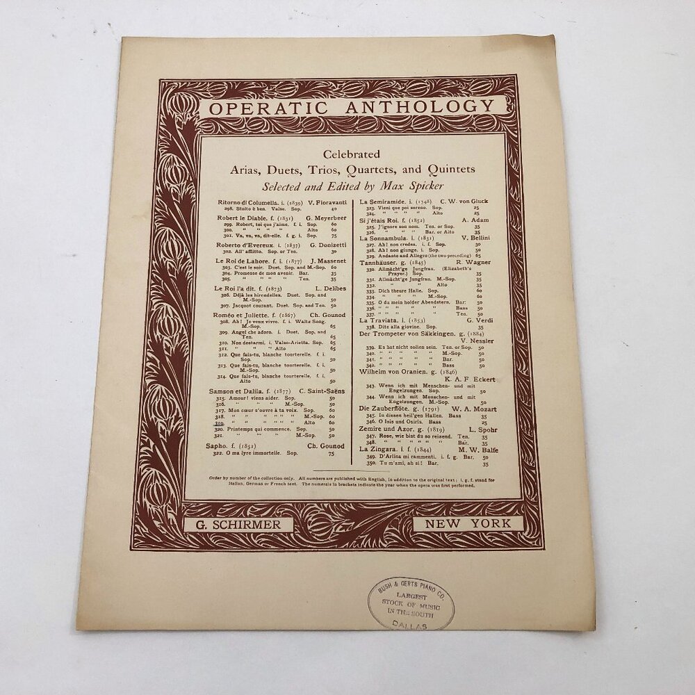 Operatic Anthology My Heart At Thy Sweet Voice 1911 for Voice & Piano 10 pages
